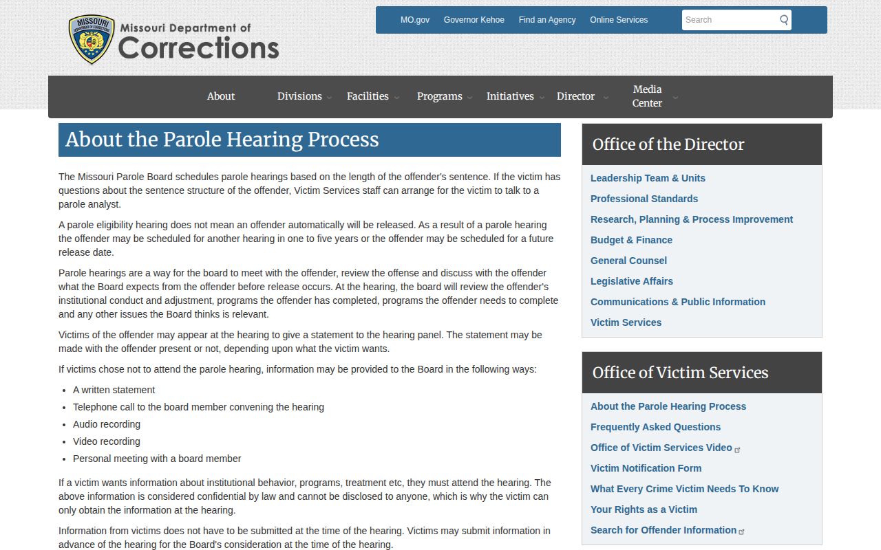 Missouri DOC parole hearing process and decision timing information