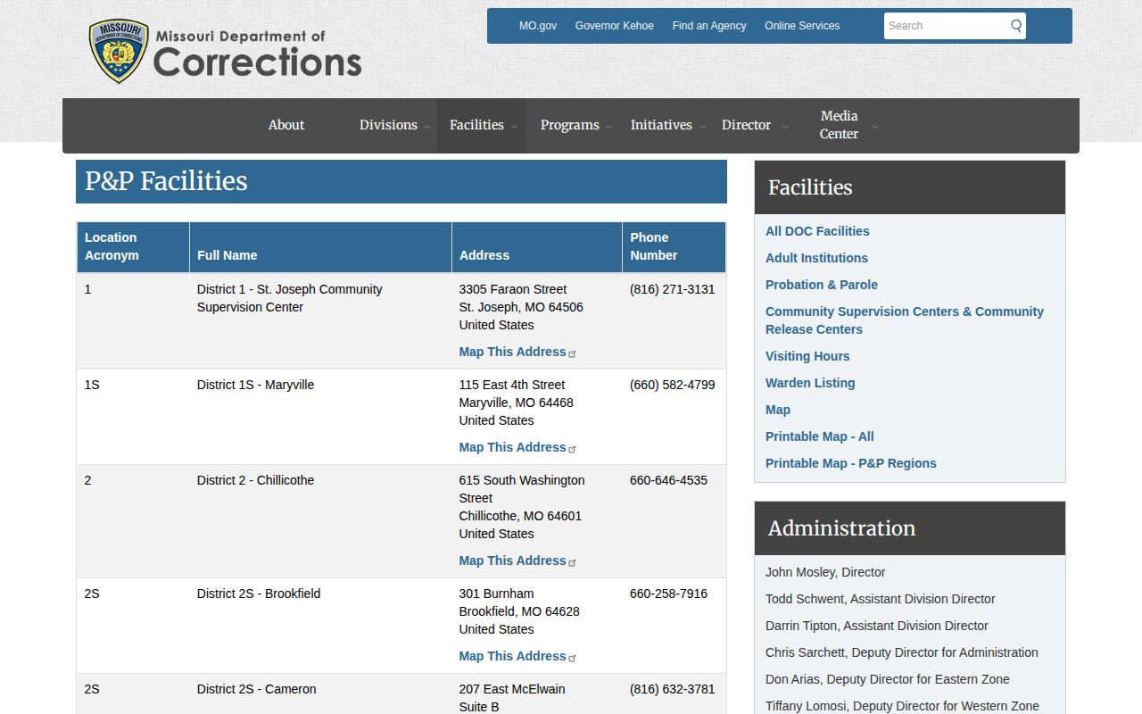 Missouri DOC District 1S Maryville address listing for Worth County supervision