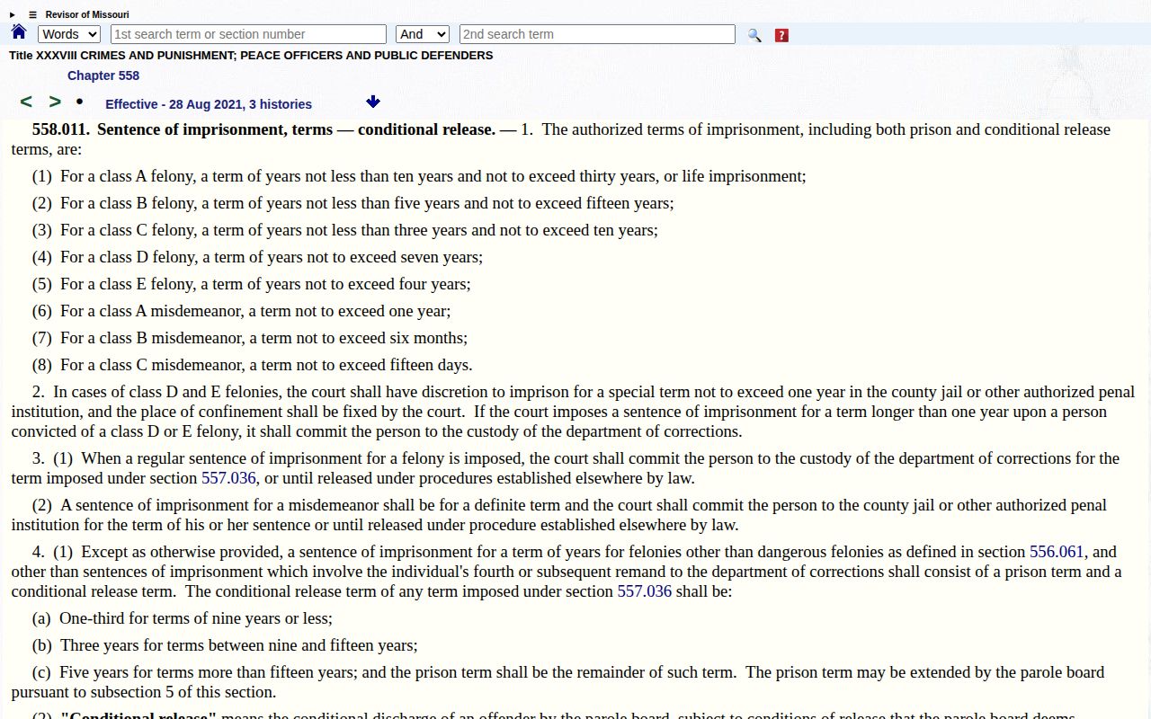 Missouri statute 558.011 conditional-release terms and extension process