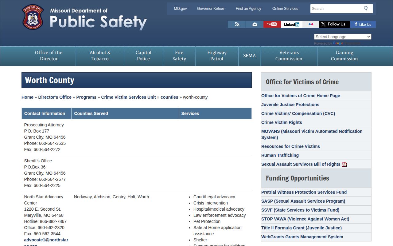 Missouri DPS Worth County page showing the MOVANS custody-notification route